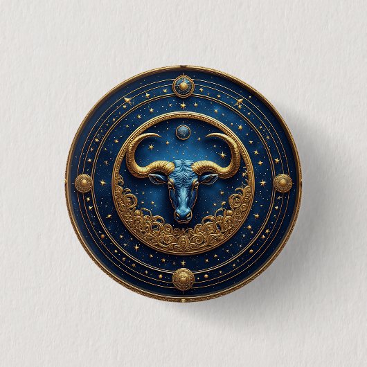 Goldenes Stier-Symbol auf blauem Kreis Button (Vorderseite)