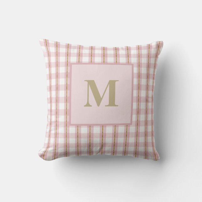 Goldenes Thread Rosa Gingham Monogram Kissen (Vorderseite)