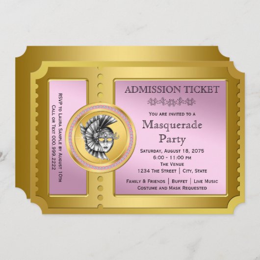 Goldenes Ticket - Rosa und Goldmasquerade Party Einladung (Vorne/Hinten)