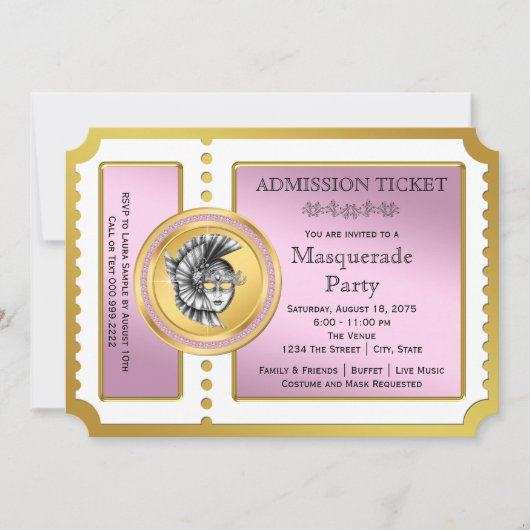 Goldenes Ticket - Rosa und Goldmasquerade Party Einladung (Vorderseite)