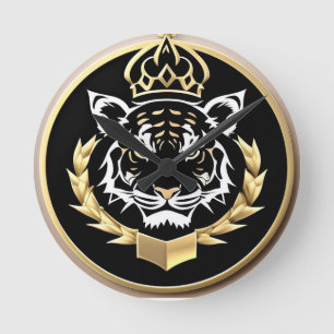 Goldenes Tiger-Wappen-Emblem Runde Wanduhr