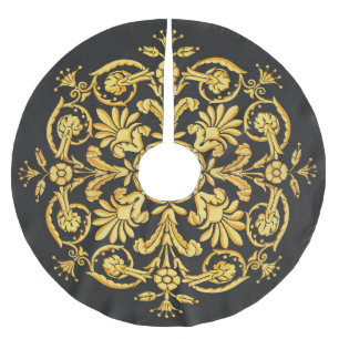 Goldenes und schwarzes Blumenmuster Polyester Weihnachtsbaumdecke