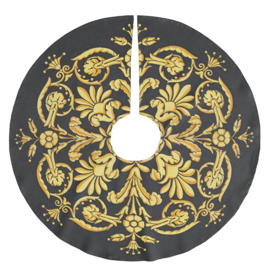 Goldenes und schwarzes Blumenmuster Polyester Weihnachtsbaumdecke (Vorderseite)