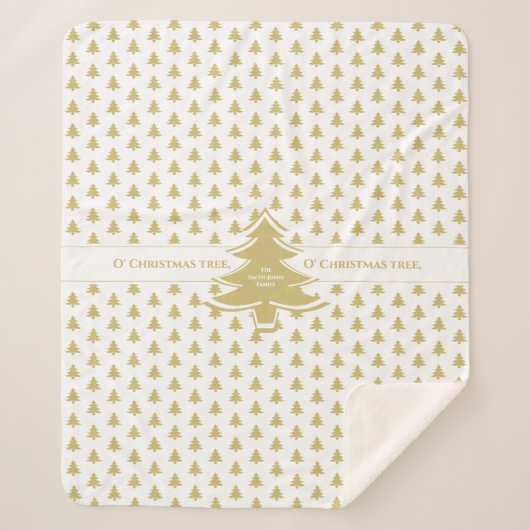 Goldenes und weißes Ikonisches Weihnachtsbaummuste Sherpadecke (Vorderseite)