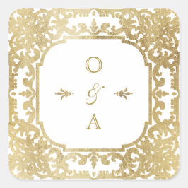 Goldenes verziertes Oldtimer-Hochzeitsmonogramm Quadratischer Aufkleber