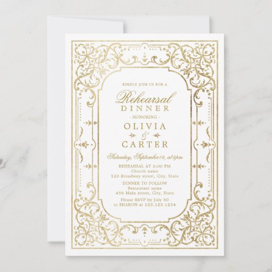 Goldenes verziertes Vintages Probe Einladung (Vorderseite)