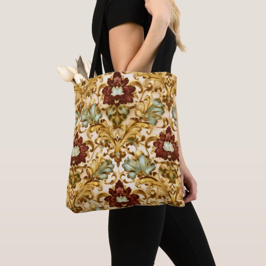 Goldenes viktorianisches florales Damast mit Salbe Tasche (Von Nahem)