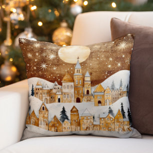 Goldenes vintage Dorf mit Schnee bedeckt Kissen