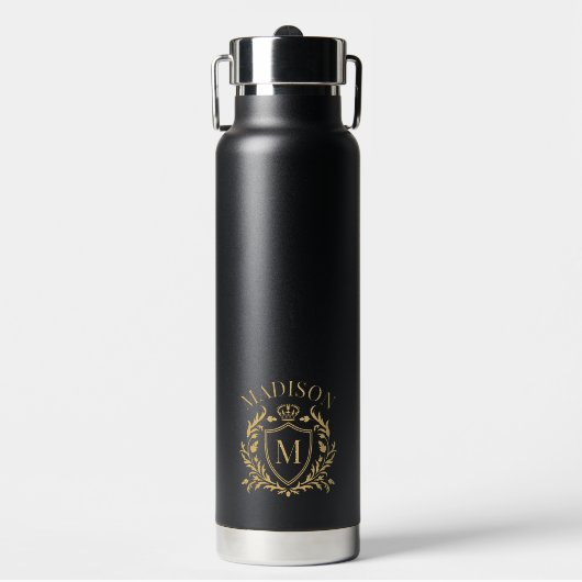 Goldenes Wappen-Crest-Krone-Monogramm Trinkflasche (Vorderseite)