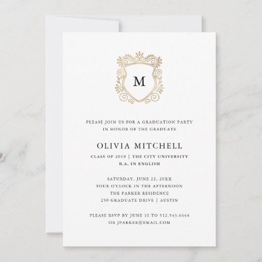Goldenes Wappen | Elegante Graduierungspartei Einladung (Vorderseite)