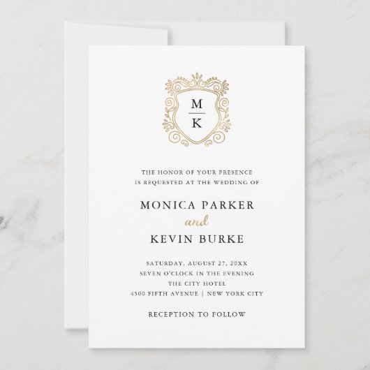Goldenes Wappen | Elegante Schwarz-Weiß-Hochzeit Einladung (Vorderseite)