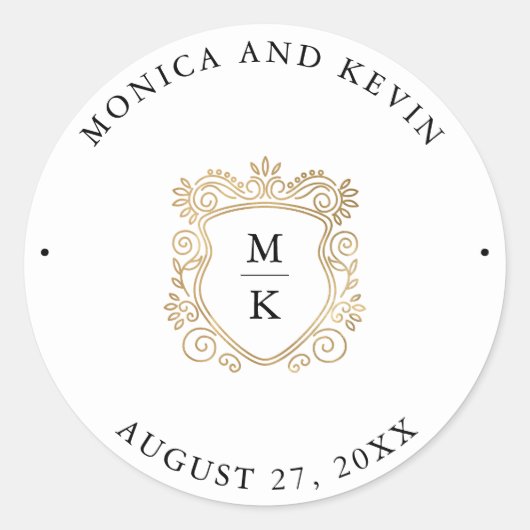 Goldenes Wappen | Elegante Schwarz-Weiß-Hochzeit Runder Aufkleber (Vorderseite)