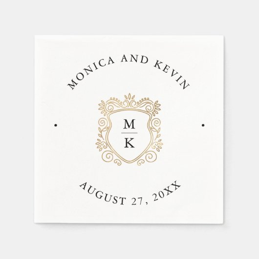 Goldenes Wappen | Elegante Schwarz-Weiß-Hochzeit Serviette (Vorderseite)
