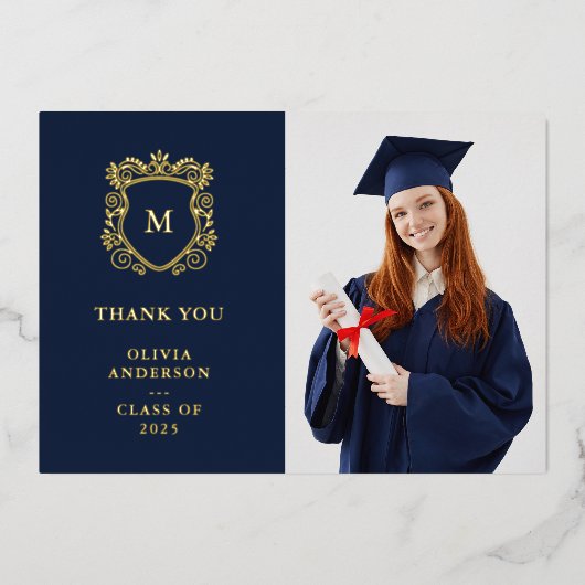 Goldenes Wappen | Eleganter Abschluss Danke Gold Folieneinladung (Vorderseite)