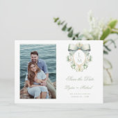 Goldenes Wappen mit grünem Bow Save The Date (Stehend Vorderseite)