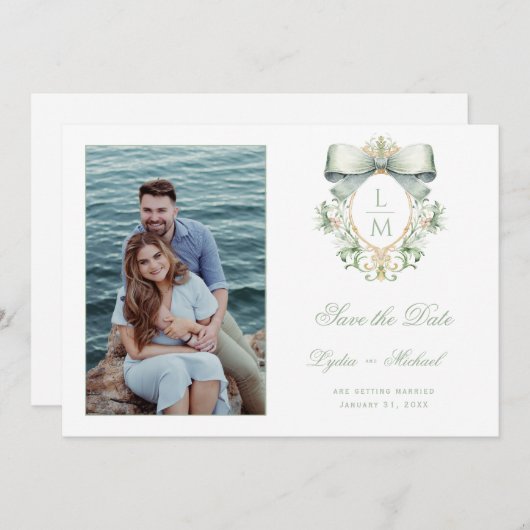 Goldenes Wappen mit grünem Bow Save The Date (Vorne/Hinten)