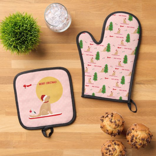Goldenes Weihnachten Pink Beach Day Oven Mitt Set (Oben Unten)