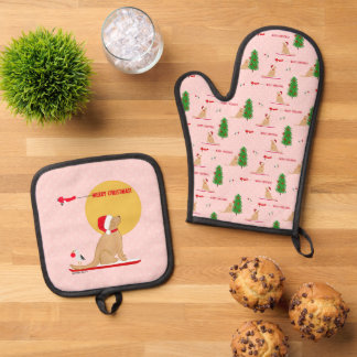 Goldenes Weihnachts-Rosa-Strand-Tag-Ofenhandschuh- Ofenhandschuh & Topflappen-Set