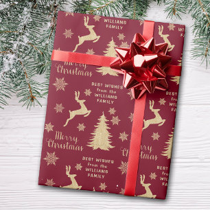 Goldenes Weihnachtsbaum-Rentier Personalisiert Geschenkpapier