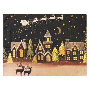 Goldenes Weihnachtsdorf Hirsch Winternacht Tischdecke