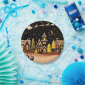 Goldenes Weihnachtsdorf Hirsche Winternacht Pappteller (Party)