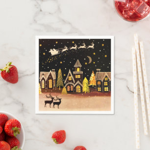 Goldenes Weihnachtsdorf Hirsche Winternacht Serviette