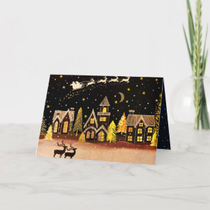 Goldenes Weihnachtsdorf Reh Winter Nacht Feiertagskarte