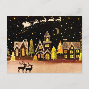 Goldenes Weihnachtsdorf Reh Winter Nacht Feiertagspostkarte