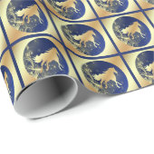 Goldenes Weihnachtspferd auf Blau auf den Goldplät Geschenkpapier (Rolleneckpunkt)
