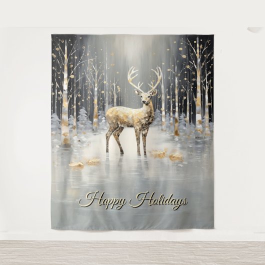 Goldenes Weihnachtsrentier-Feiertags-Hintergrundbi Wandteppich (Vorderseite)