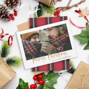 Goldenes Weihnachtsrot und kariertes Foto Feiertagskarte