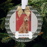 Goldenes, weißes, weißes Muster, Foto des Hundebin Ornament<br><div class="desc">Vergnügungs- und festliches Foto. Unser Design zeichnet sich durch einen fettweißen und grünen wirbelfarbenen Hintergrund aus. **Hintergrundfarbe kann in eine beliebige Farbe geändert werden ** Passen Sie mit dem Foto und dem Namen Ihres Haustieres an, das auf dem weißen Knochen abgelegt ist. Ein schöner goldener Bogen aus Imitaten wird auf...</div>