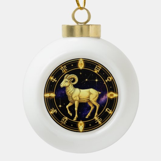 Goldenes Widder-Sternkreiszeichen mit Widder Keramik Kugel-Ornament (Vorderseite)