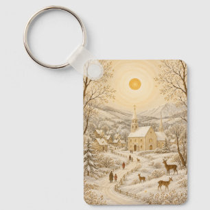 Goldenes Winterdorf Kirchenlandschaft Schlüsselanhänger