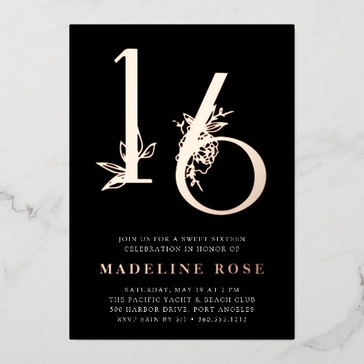 Goldenes Zeitalter | Sweet 16 Birthday Party Rose Folieneinladung (Vorderseite)