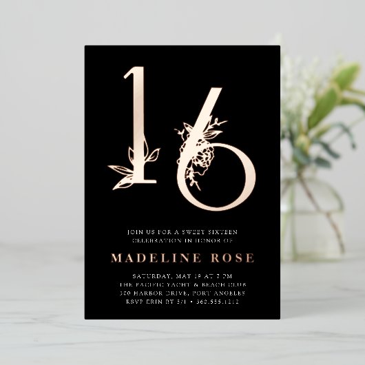 Goldenes Zeitalter | Sweet 16 Birthday Party Rose Folieneinladung (Stehend vorne)