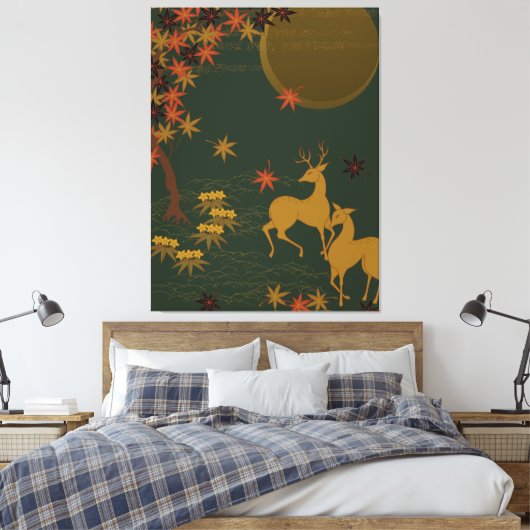Goldfall Moon Rustikaler Wald Natur Deer Leinwanddruck (Insitu (Schlafzimmer))