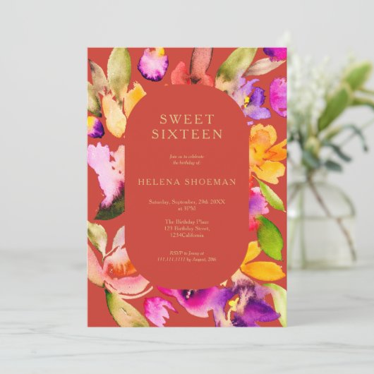 Goldfall übergroße Blumenwasserfarbe Süß 16 Einladung (Stehend Vorderseite)
