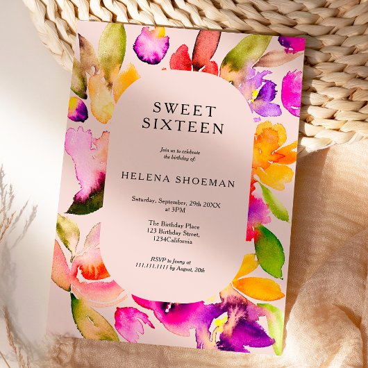 Goldfall übergroße Blumenwasserfarbe Süß 16 Einladung