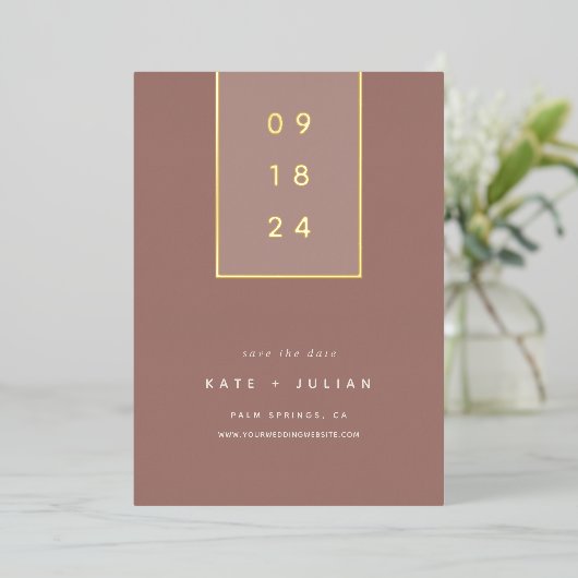 Goldfallen | Moderne Minimal Foil Save the Date Ca Folieneinladung (Stehend vorne)