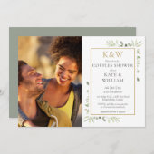 Goldfarben Monogram Greenery Foto Couples Dusche Einladung (Vorne/Hinten)
