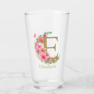 Goldfarben und Blumenmonogramm Buchstaben E Glas