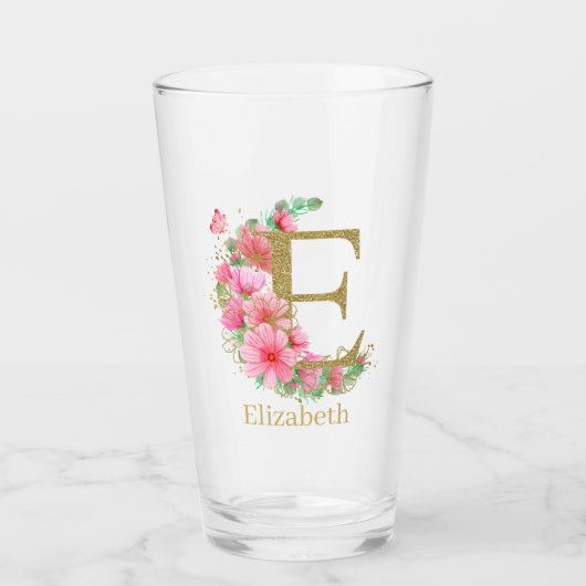 Goldfarben und Blumenmonogramm Buchstaben E Glas (Vorderseite)