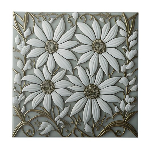 goldfarbene 3D-Blumenmotive Jugendstil-Keramik Til Fliese (Vorderseite)