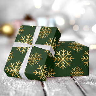 Goldfarbene 3D-Schneeflocke Dunkelgrünes Weihnacht Geschenkpapier