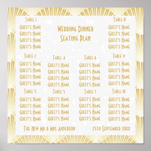 Goldfarbene Art Deco Design Hochzeitssitze Poster (Vorne)