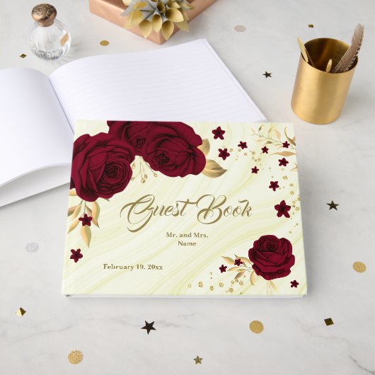 goldfarbene Blätter aus zauberhaftem Bordeaux Gästebuch (Vorderseite Offen)