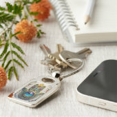 Goldfarbene filigrane blau-grüne Third-Eye-Hamsa Schlüsselanhänger (Seite)