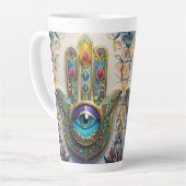 Goldfarbene filigrane blaugrüne Third-Eye-Hamsa Milchtasse (Linke Ecke)