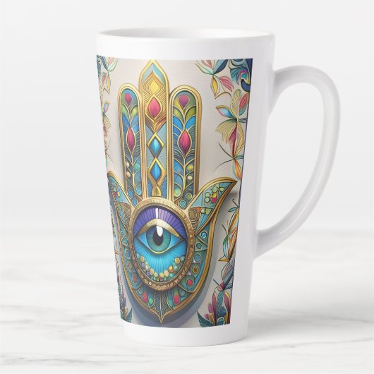 Goldfarbene filigrane blaugrüne Third-Eye-Hamsa Milchtasse (Rechts)